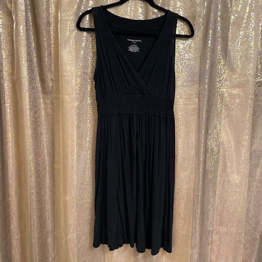 Liz Lange Black Surplice Smocked Waist Midi Maternity Dress, Small/Medium